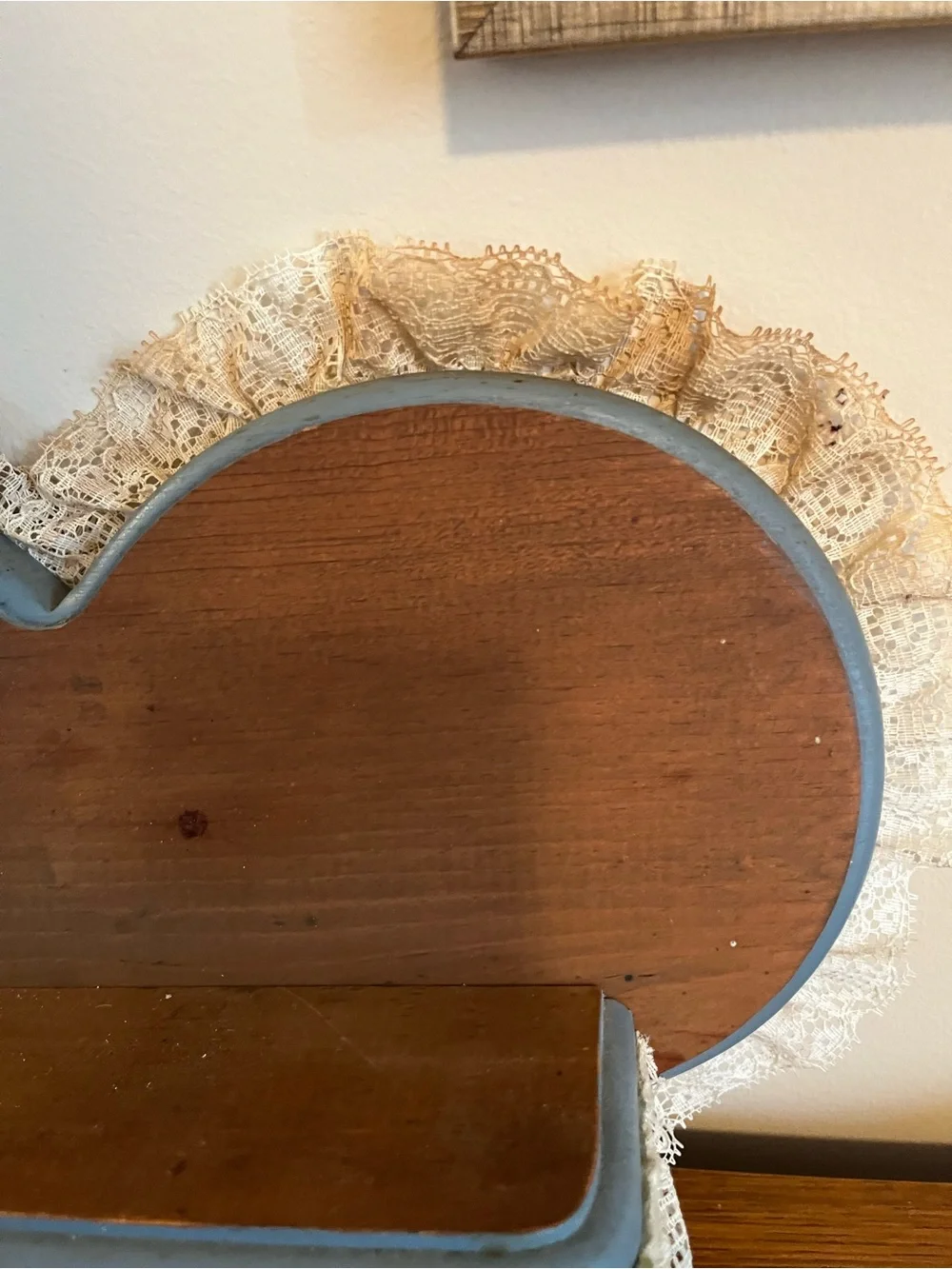 Wooden Heart Shape Shelf with Blue Trim and White Lace